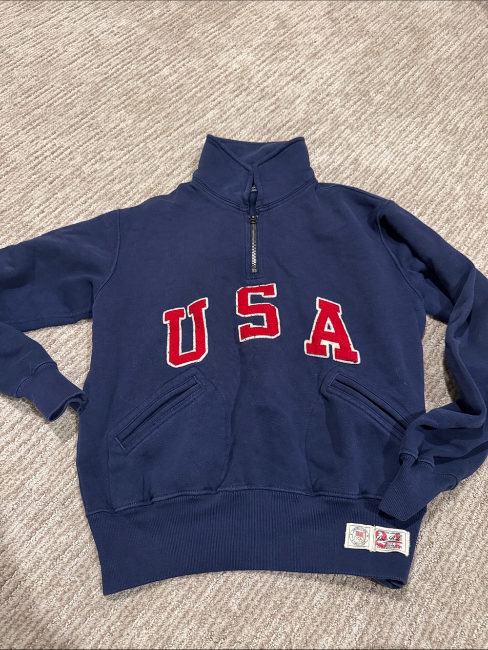 Polo by Ralph Lauren Navy Quarter-Zip Sweatshirt with Red USA Letters